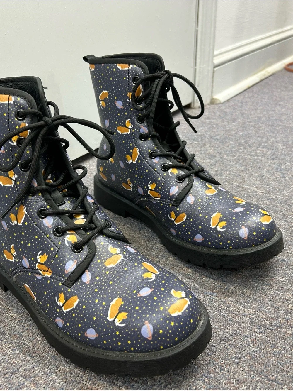 Navy Corgi dogs in space print Lace-Up Boots. Water resistant.